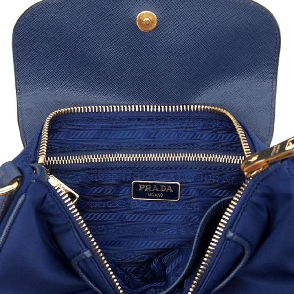 Prada Nylon Saffiano Leather Navy Blue Bandoliera Crossbody Handbag 1BH085