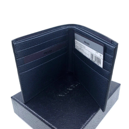 Prada Mens Vitello Micro Grain Navy Blue Leather Triangle Logo Bifold Wallet