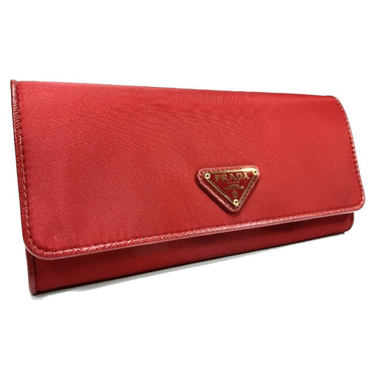 Prada Tessuto Nylon Rosso Red Saffiano Leather Wallet 1MH132