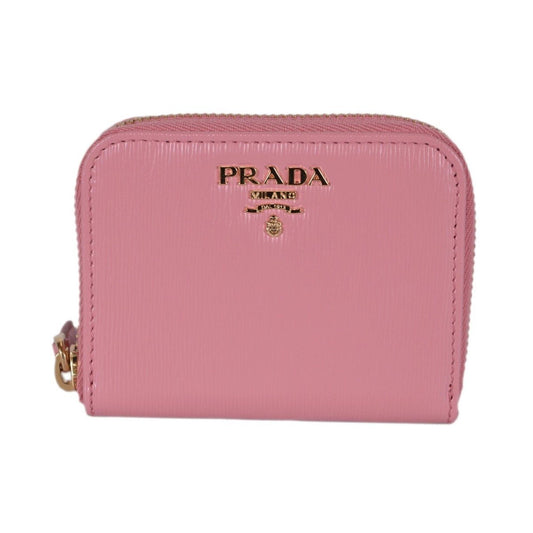 Prada Petalo Pink Saffiano Leather Gold Zip Coin Purse Wallet 1MM268