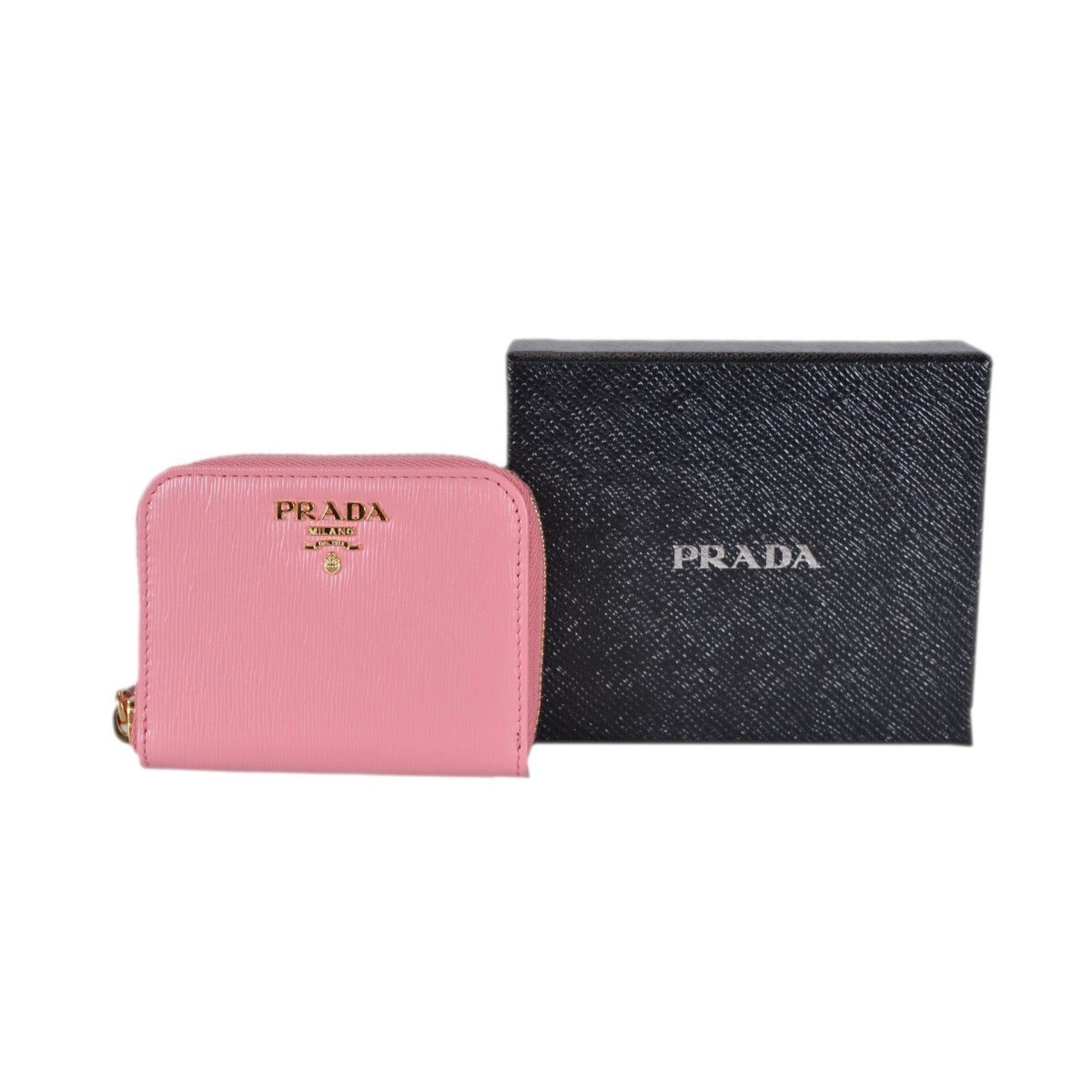 Prada Petalo Pink Saffiano Leather Gold Zip Coin Purse Wallet 1MM268