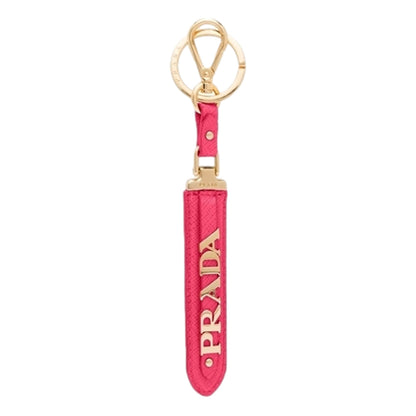 Prada Saffiano Leather Clip Keychain Peony Pink Gold Logo Lettering