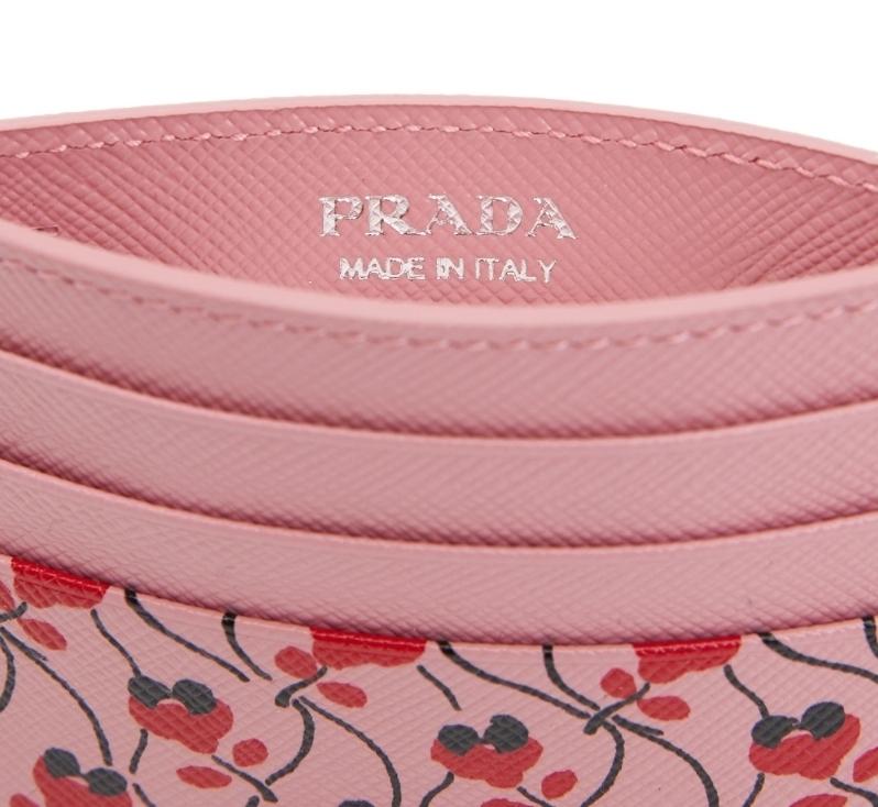 Prada Pink Red Saffiano Card Case Floral Triangle Logo 1MC025