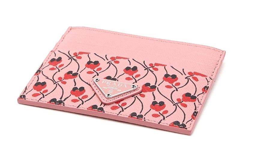 Prada Pink Red Saffiano Card Case Floral Triangle Logo 1MC025