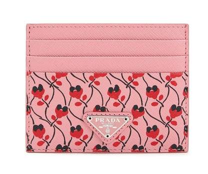 Prada Pink Red Saffiano Card Case Floral Triangle Logo 1MC025