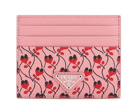 Prada Pink Red Saffiano Card Case Floral Triangle Logo 1MC025