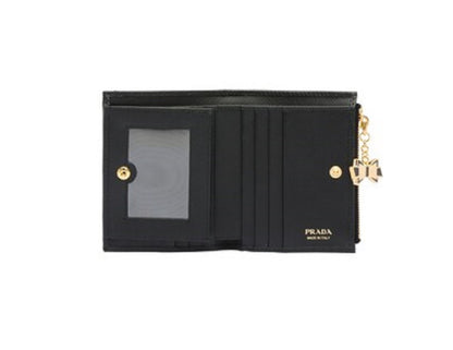 Prada Portafoglio Lampo Black Saffiano Fiocco Black  Bow Charm Wallet 1ML023