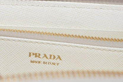 Prada Portafoglio Lampo Latte Cream Saffiano Metal Leather Full Zip Wallet 1ML506