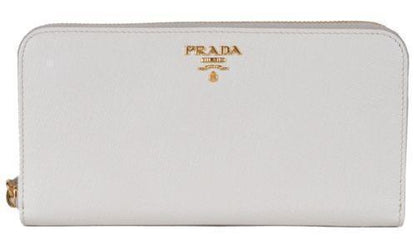 Prada Portafoglio Lampo Latte Cream Saffiano Metal Leather Full Zip Wallet 1ML506
