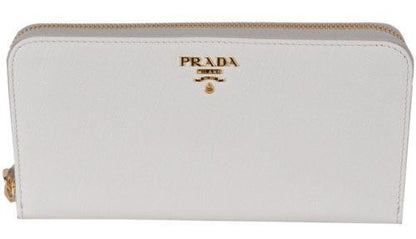 Prada Portafoglio Lampo Latte Cream Saffiano Metal Leather Full Zip Wallet 1ML506