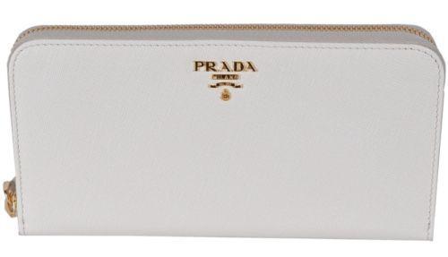 Prada Portafoglio Lampo Latte Cream Saffiano Metal Leather Full Zip Wallet 1ML506