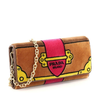 Prada Portafoglio Pattina Cammello Brown and Pink Velvet Ricamo Wristlet 1MH019