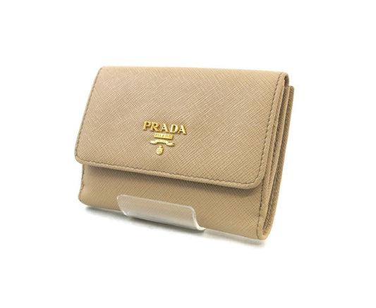 Prada Saffiano Leather Beige Pattina Cammeo Beige Small Wallet, Women's 1MH523