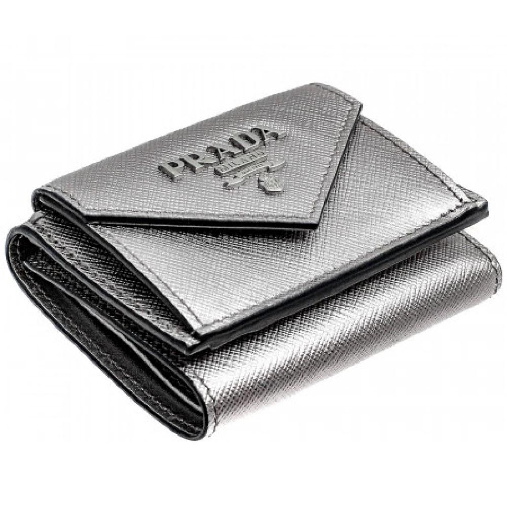 Prada Portafoglio Pattina Cromo Silver Vitello Move Envelope Flap Wallet 1MH021