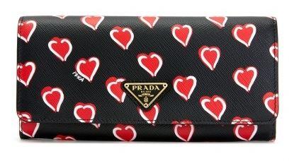 Prada Portafoglio Pattina Nero Hearts Saffiano Print Double Snap Wallet 1MH132