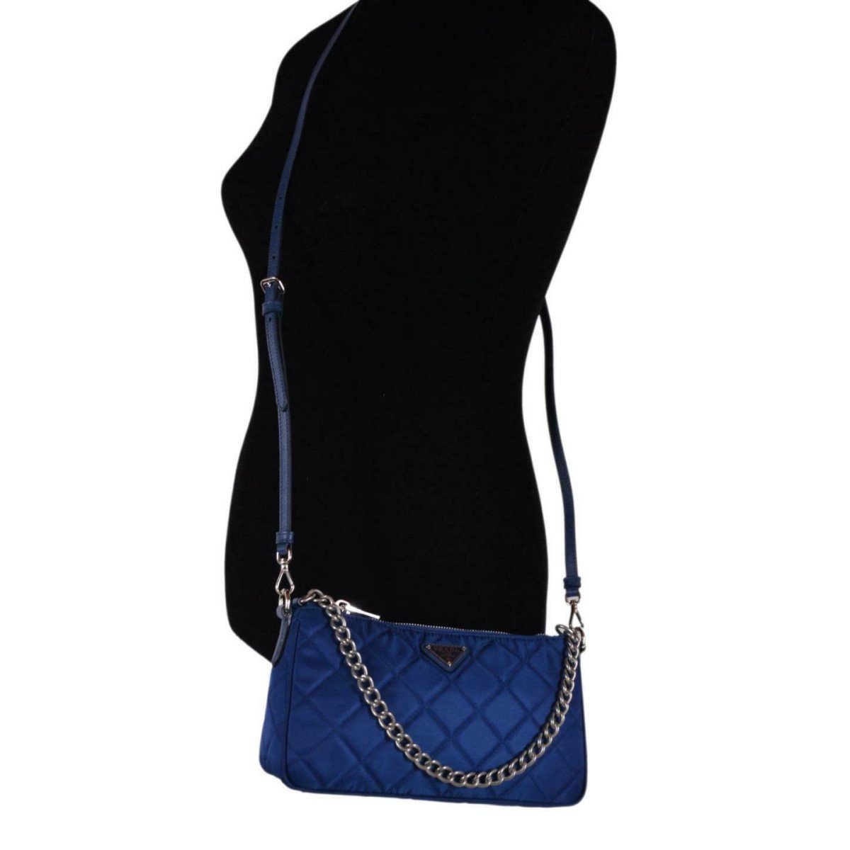 Prada Quilted Tessuto Nylon Bluette Blue Crossbody Triangle Logo 1BH026