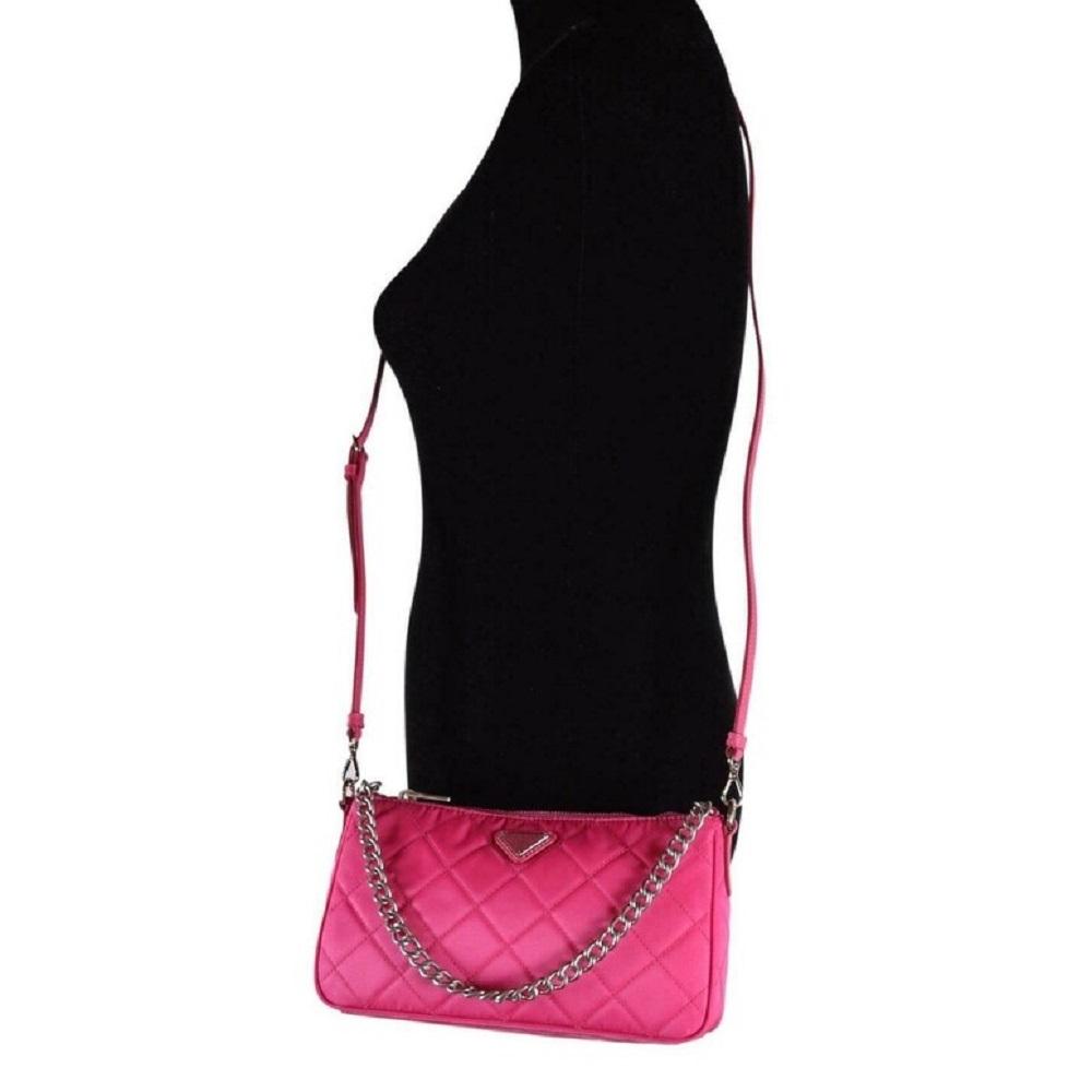 Prada Quilted Tessuto Nylon Fuxia Pink Crossbody Triangle Logo 1BH026