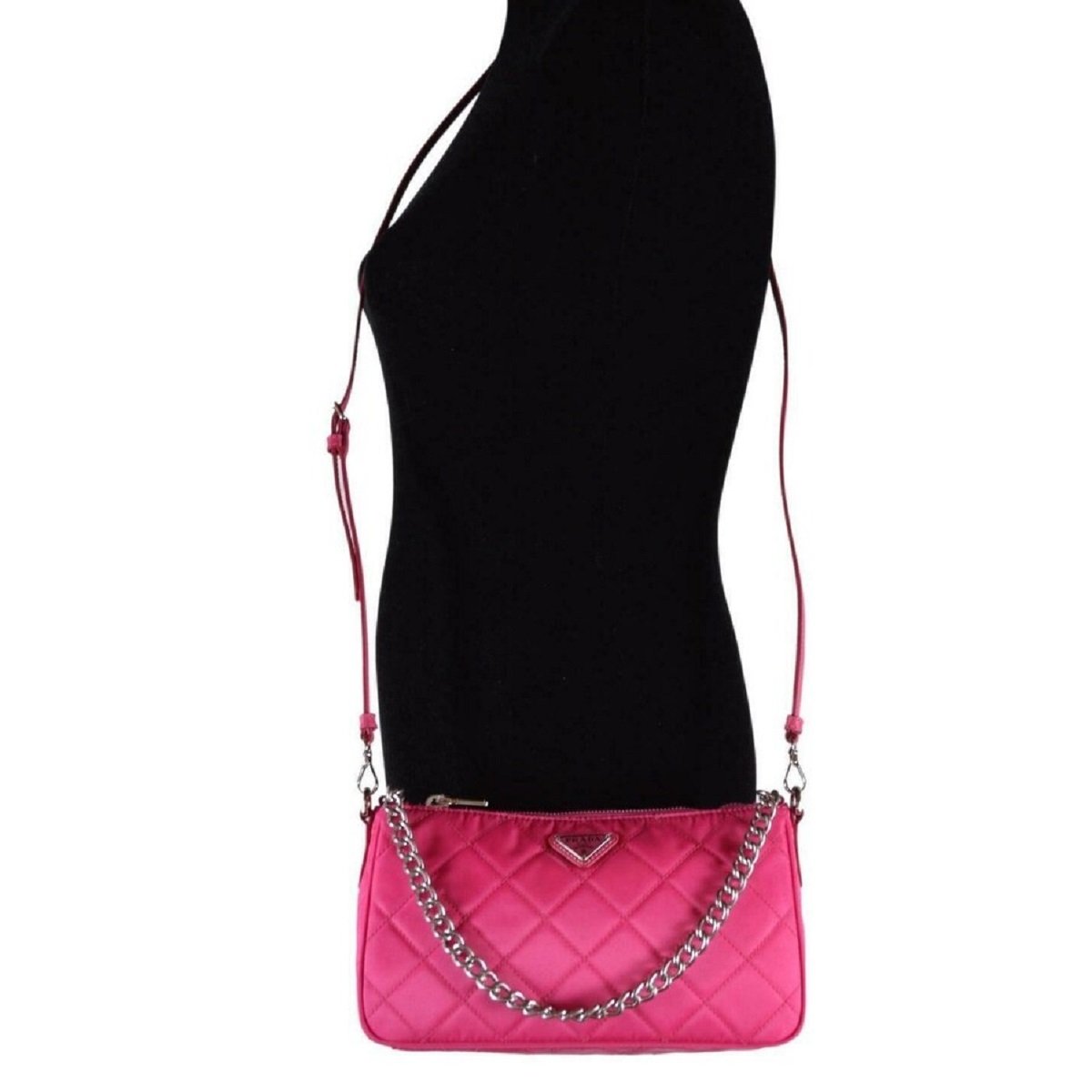 Prada Quilted Tessuto Nylon Fuxia Pink Crossbody Triangle Logo 1BH026