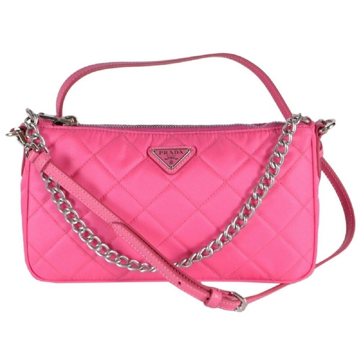 Prada Quilted Tessuto Nylon Fuxia Pink Crossbody Triangle Logo 1BH026