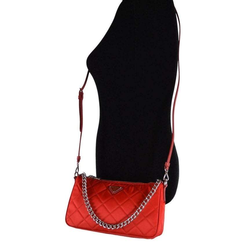 Prada Quilted Tessuto Nylon Rosso Red Chain Convertible Crossbody 1BH026