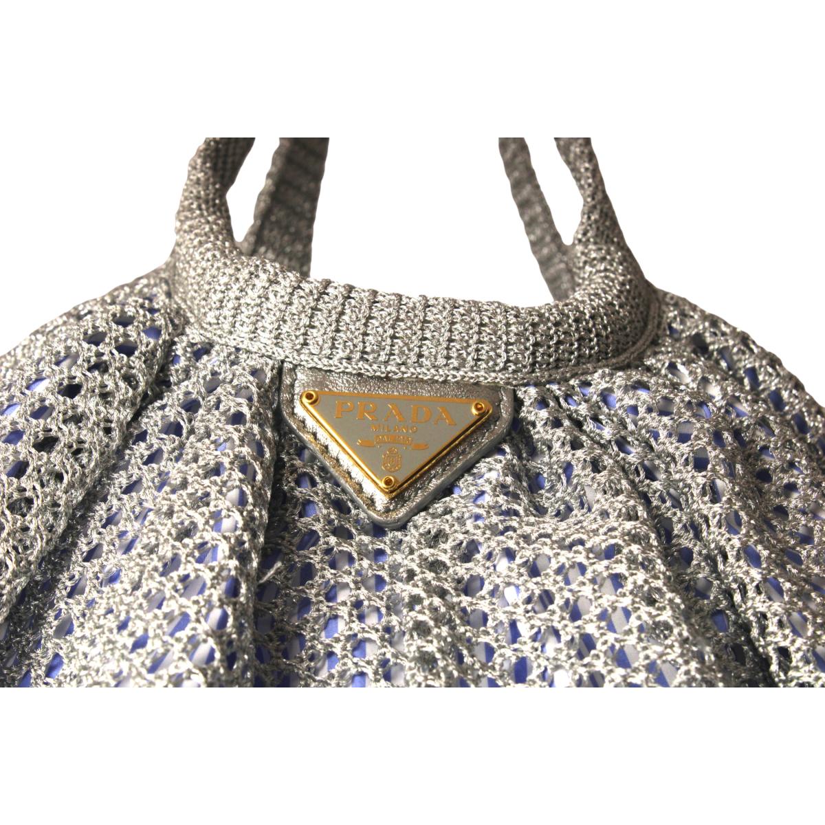 Prada Rete Metallic Silver Woven Mesh Striped Lining Tote Bag 1BC039