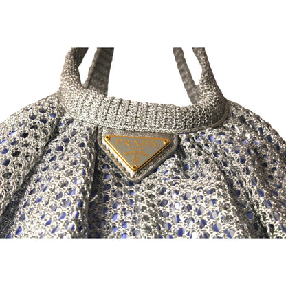 Prada Rete Metallic Silver Woven Mesh Striped Lining Tote Bag 1BC039