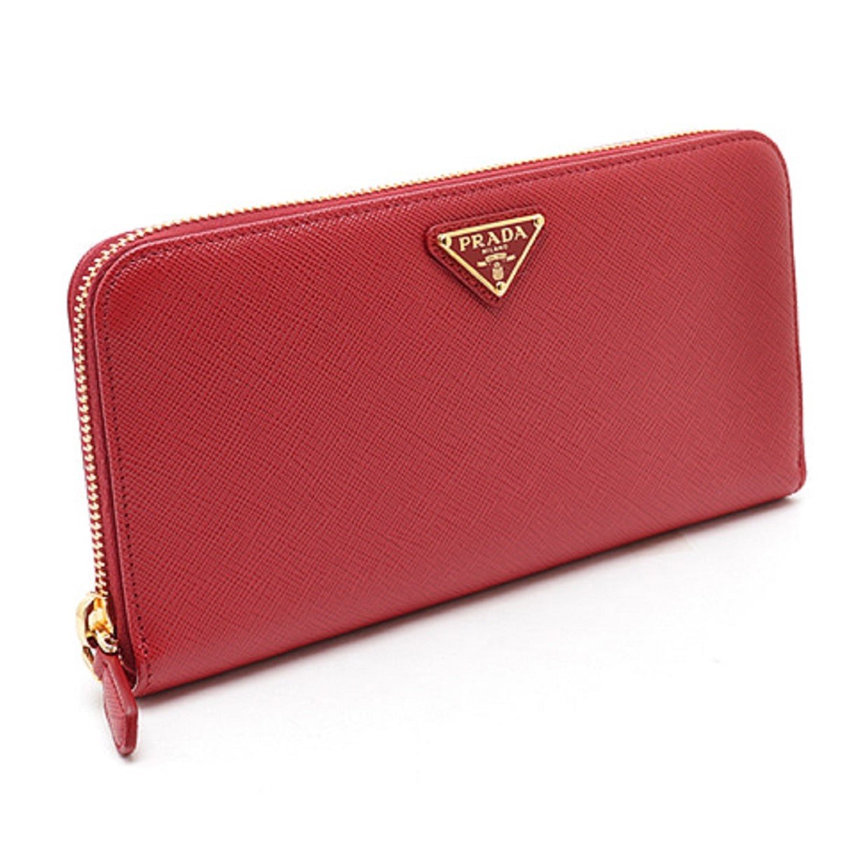 Prada Rosso Red Leather Saffiano Lip Print Zip Around Wallet 1ML506