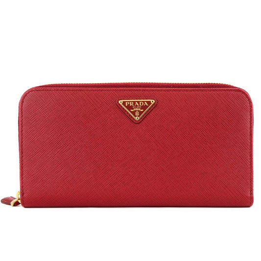 Prada Rosso Red Leather Saffiano Lip Print Zip Around Wallet 1ML506