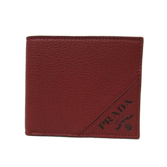 Prada Mens Debossed Logo Rubino Red Vitello Grain Bifold Wallet 2MO003
