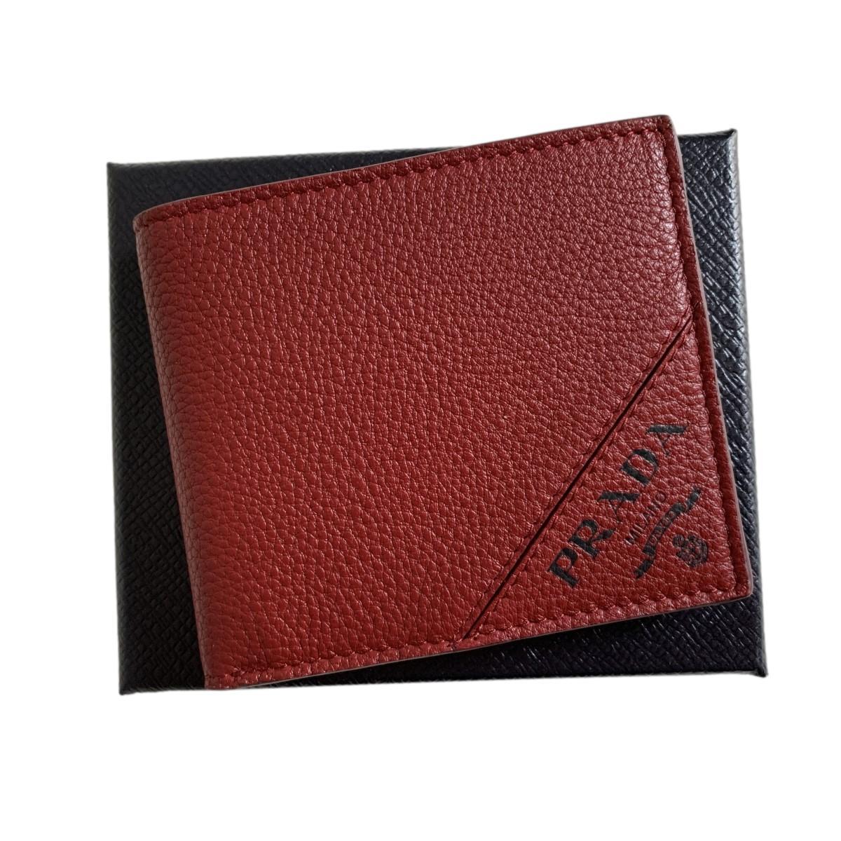 Prada Mens Debossed Logo Rubino Red Vitello Grain Bifold Wallet 2MO003