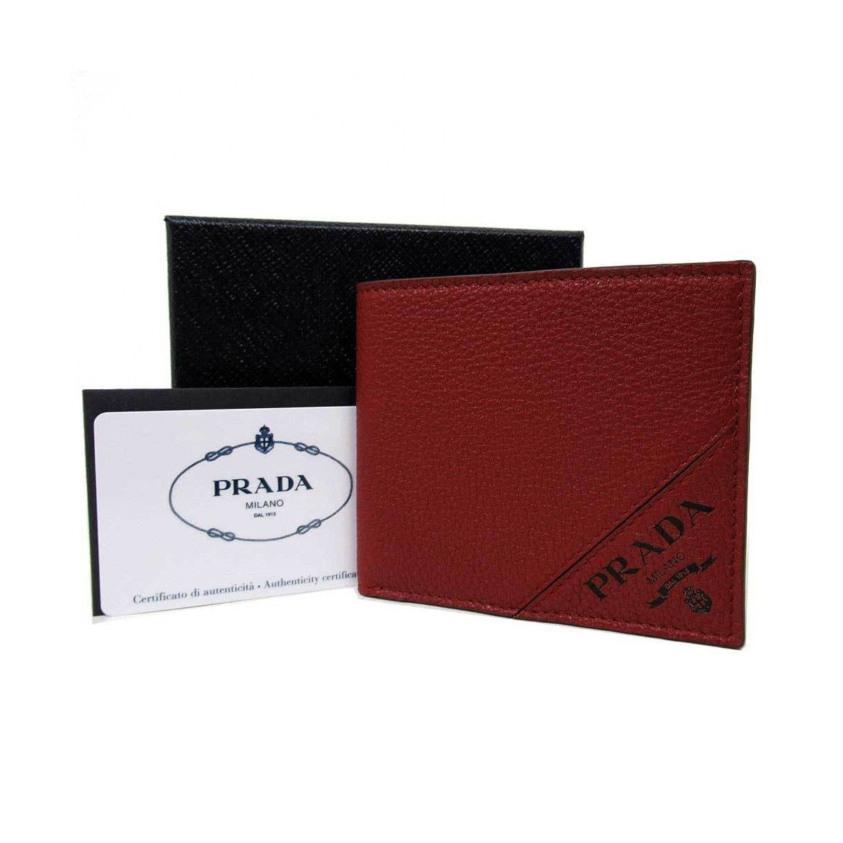 Prada Mens Debossed Logo Rubino Red Vitello Grain Bifold Wallet 2MO003