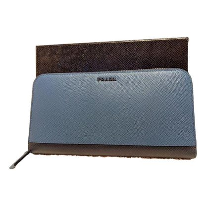 Prada Saffiano Active Coblato Blue Leather Baltico Zip Around Wallet