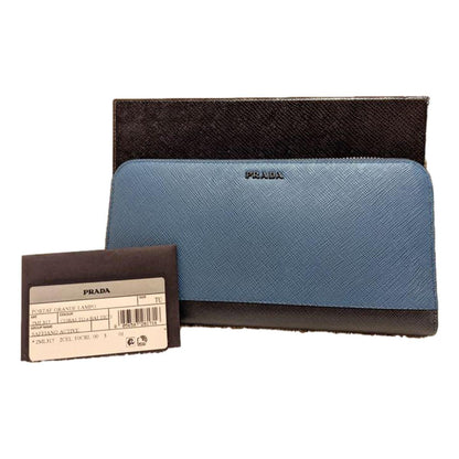Prada Saffiano Active Coblato Blue Leather Baltico Zip Around Wallet