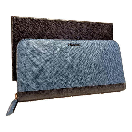 Prada Saffiano Active Coblato Blue Leather Baltico Zip Around Wallet