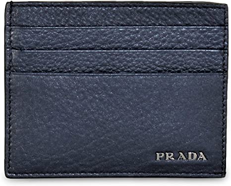 Prada Saffiano Bicolor Leather Card Holder Wallet Black and Blue Silver Logo 2MC223