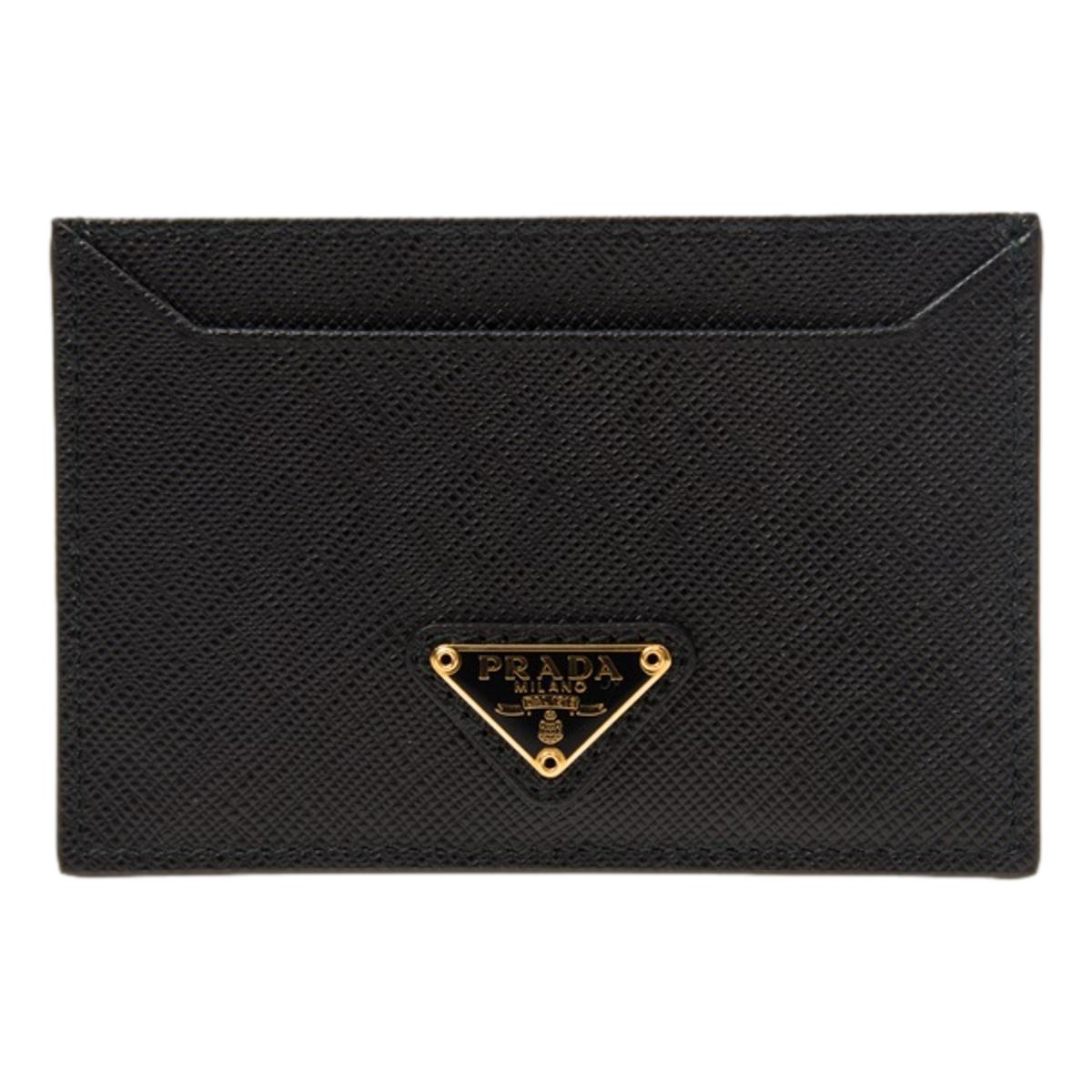 Prada Saffiano Leather Black Gold Triangle Logo Card Holder 1MC208