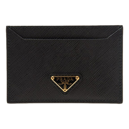 Prada Saffiano Leather Black Gold Triangle Logo Card Holder 1MC208