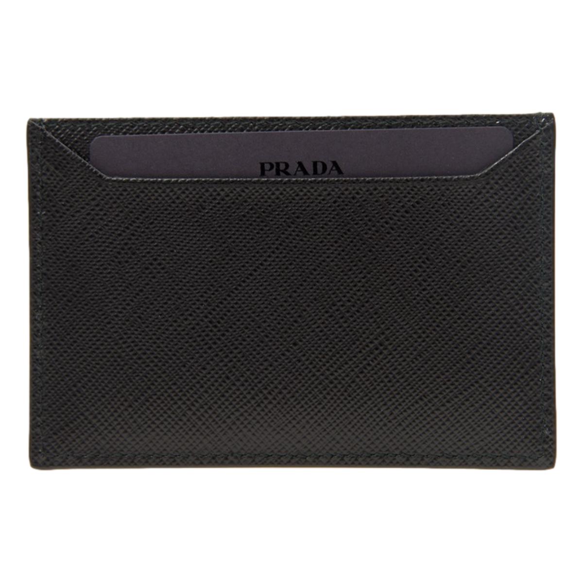 Prada Saffiano Leather Black Gold Triangle Logo Card Holder 1MC208