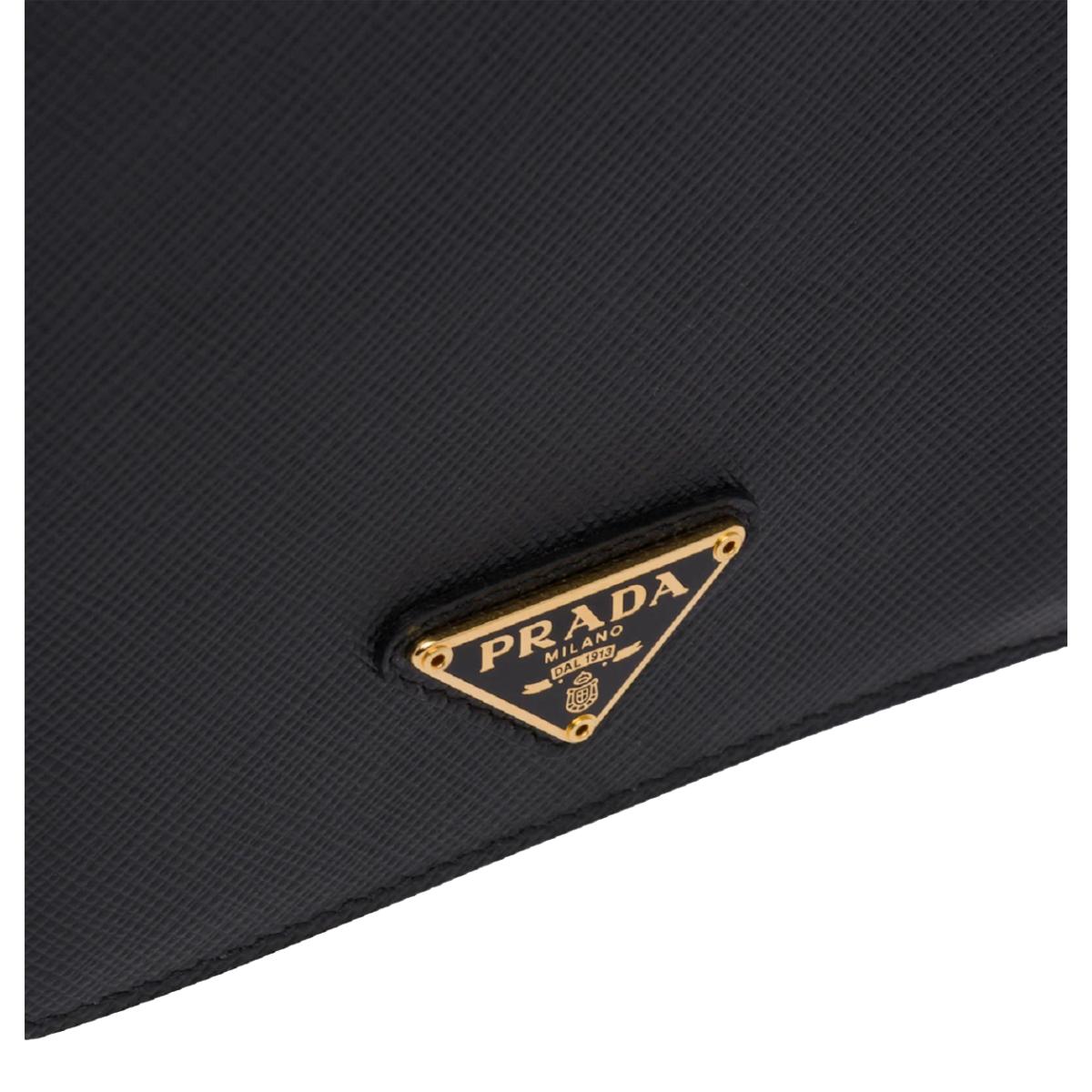 Prada Saffiano Leather Black Gold Triangle Logo Card Holder 1MC208