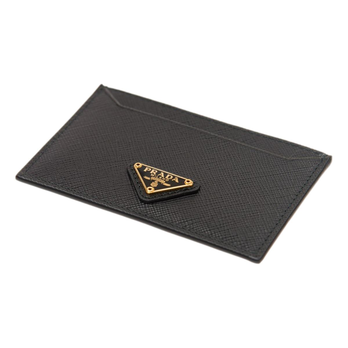 Prada Saffiano Leather Black Gold Triangle Logo Card Holder 1MC208