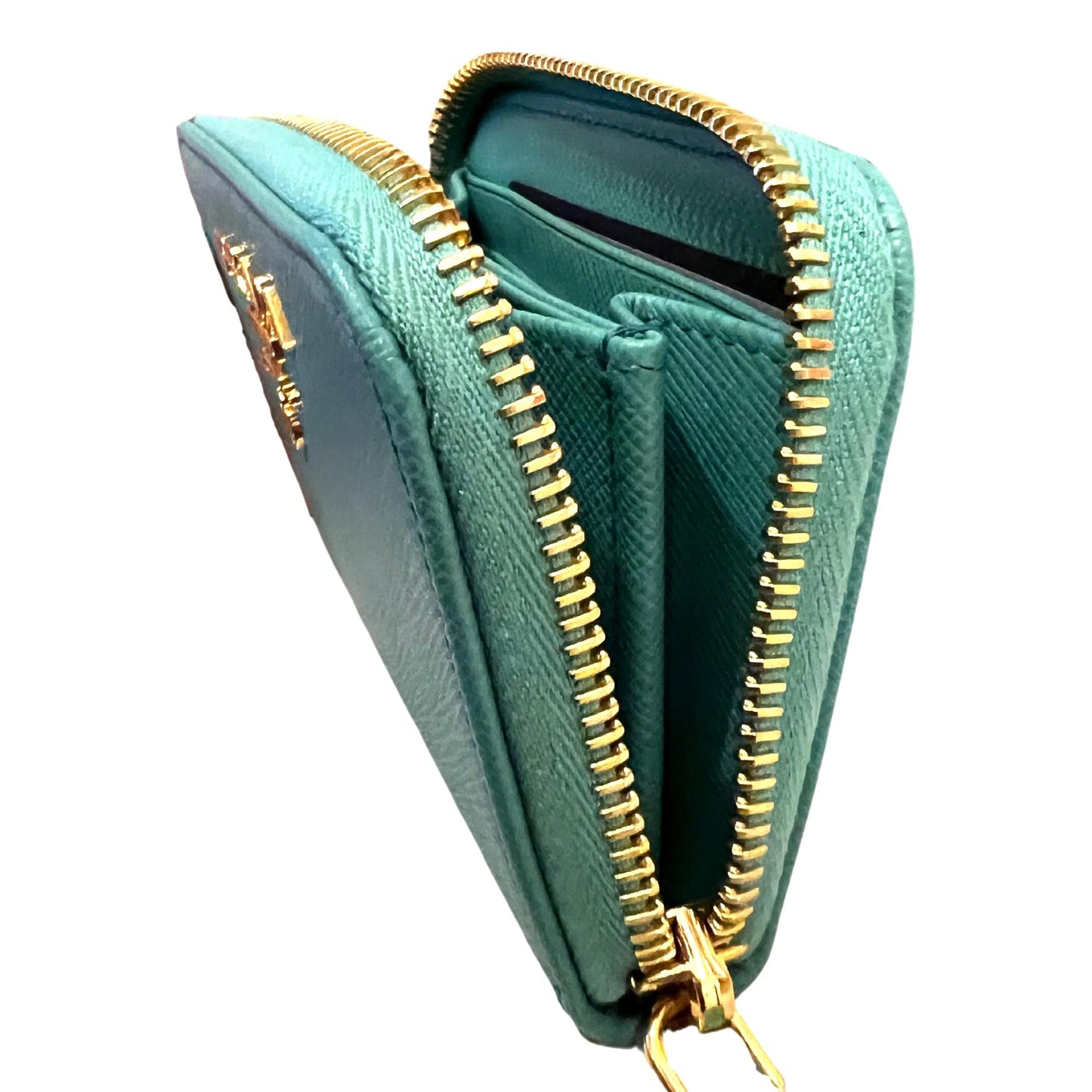 Prada Saffiano Leather Giada Turquoise Small Zip Cardholder Wallet