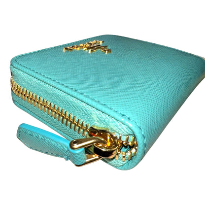 Prada Saffiano Leather Giada Turquoise Small Zip Cardholder Wallet