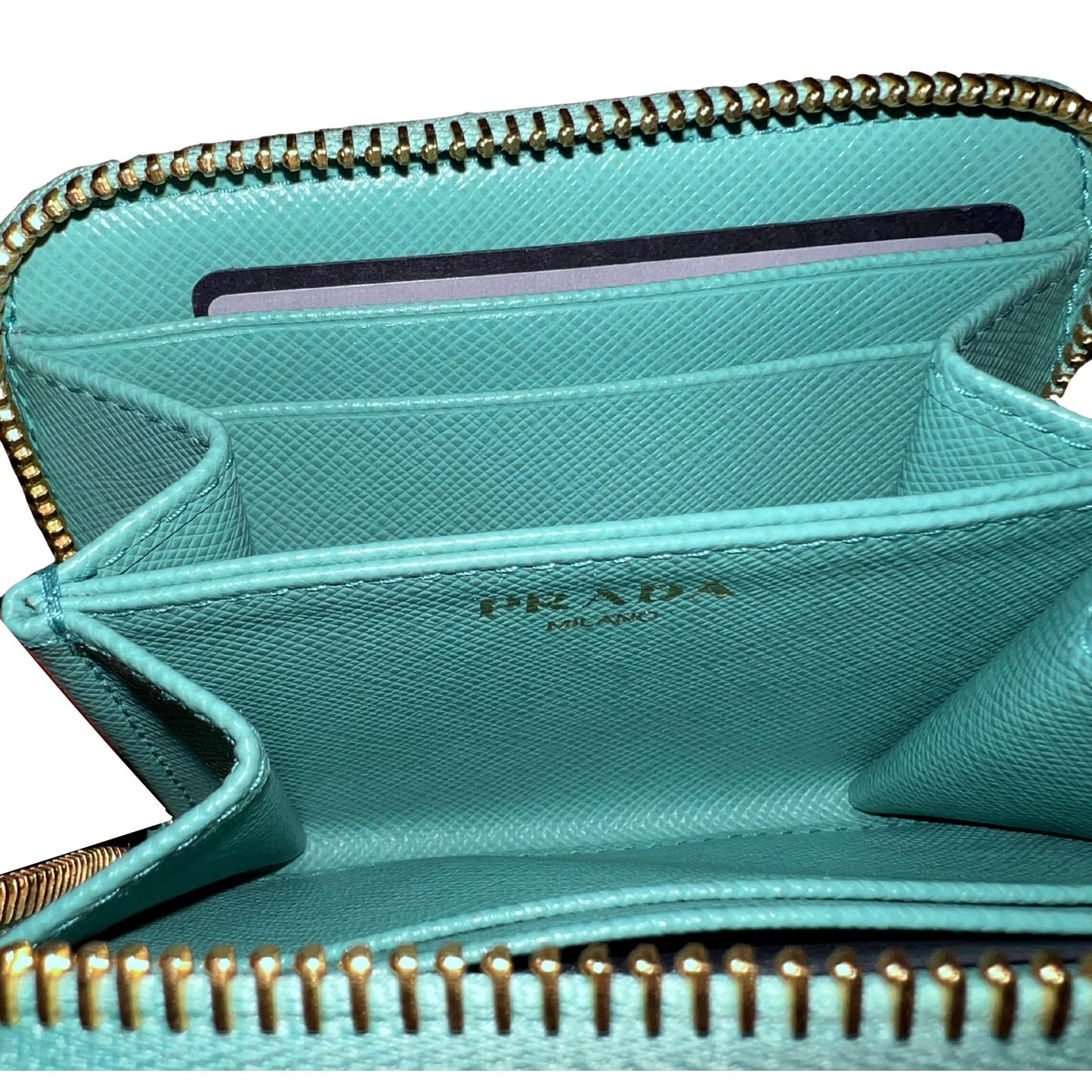 Prada Saffiano Leather Giada Turquoise Small Zip Cardholder Wallet