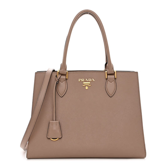 Prada Saffiano Lux Cammeo Beige Leather Large Crossbody Satchel Bag