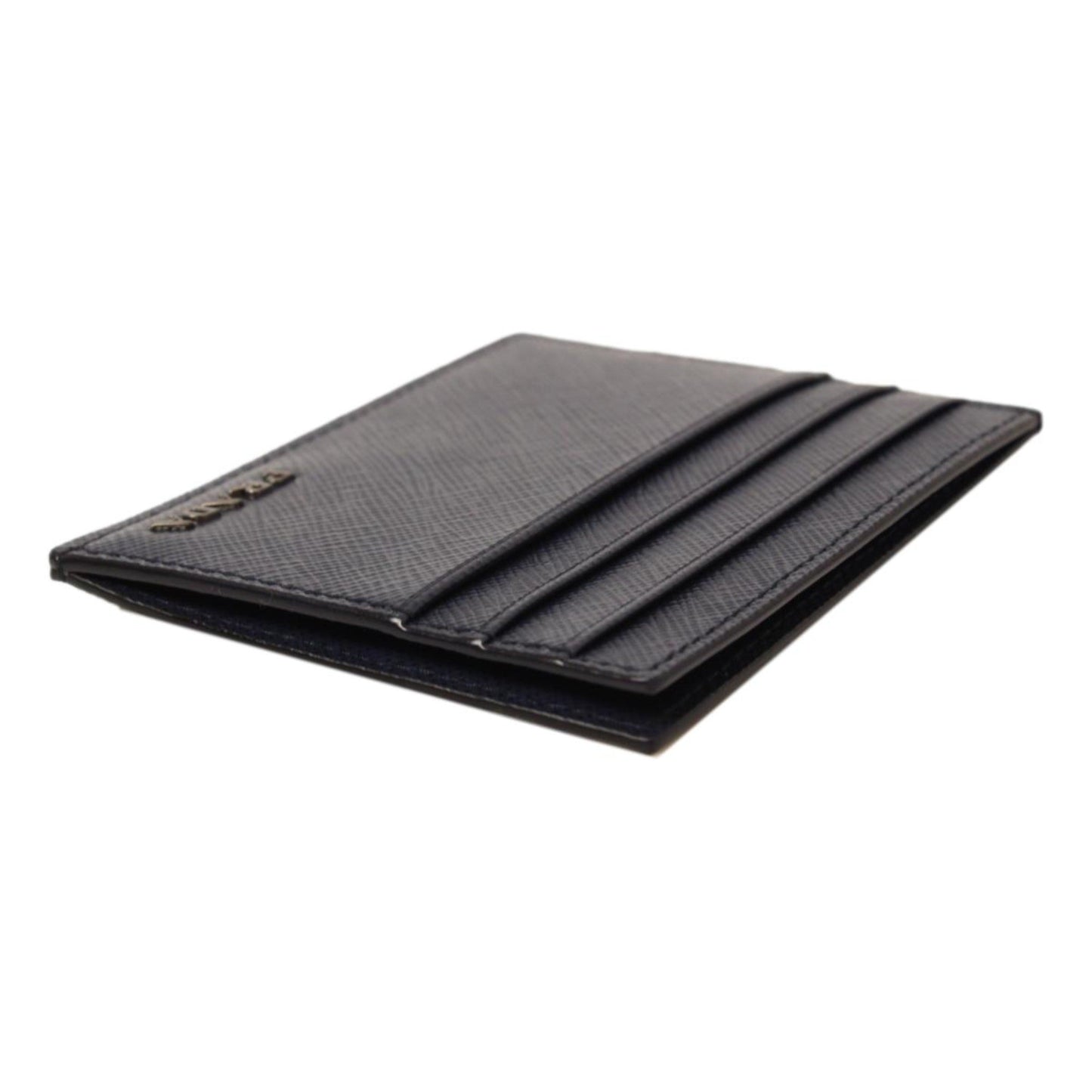 Prada Saffiano Mens Baltico Blue Credit Card Wallet Silver Logo