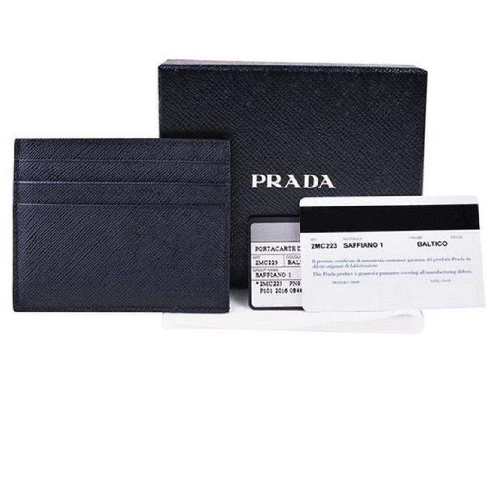 Prada Saffiano Mens Credit Card Wallet Baltico Blue Embossed Logo 2MC223