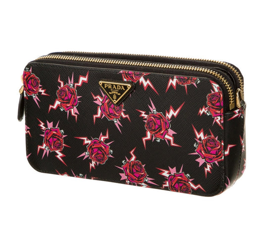 Prada Saffiano Rose Print Mini Zip Crossbody Bag Lacca 1DH010