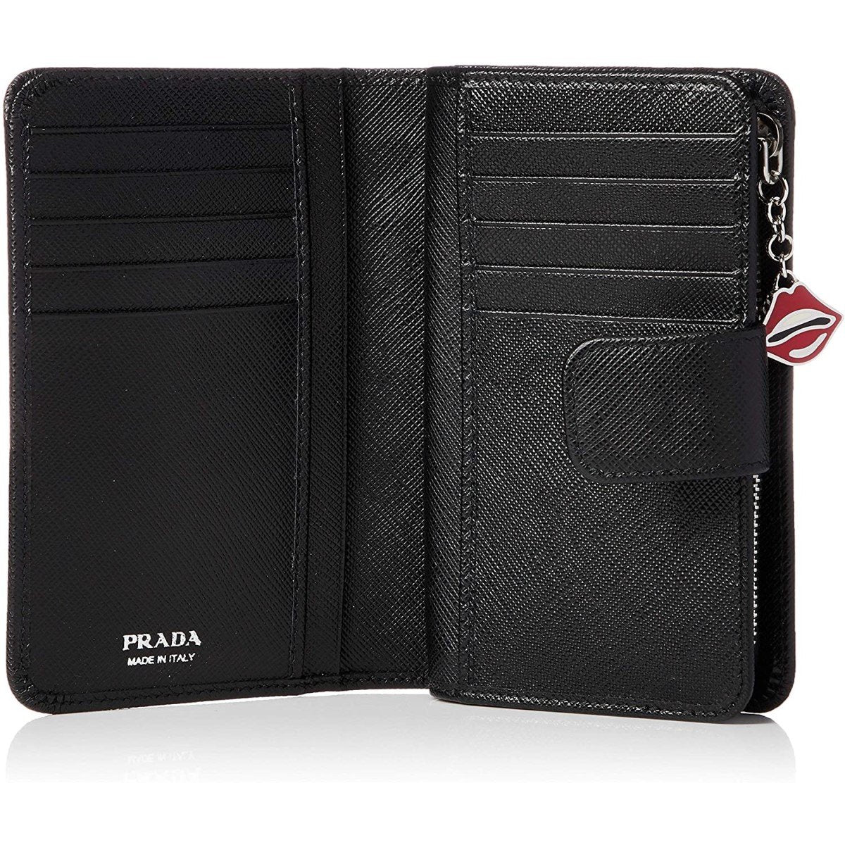 Prada Saffiano Smalto Leather Mare Nero Black Compact Wallet 1ML225