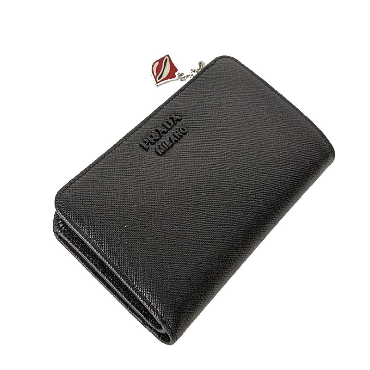 Prada Saffiano Smalto Leather Mare Nero Black Compact Wallet 1ML225
