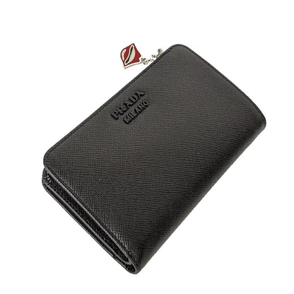 Prada Saffiano Smalto Leather Mare Nero Black Compact Wallet 1ML225